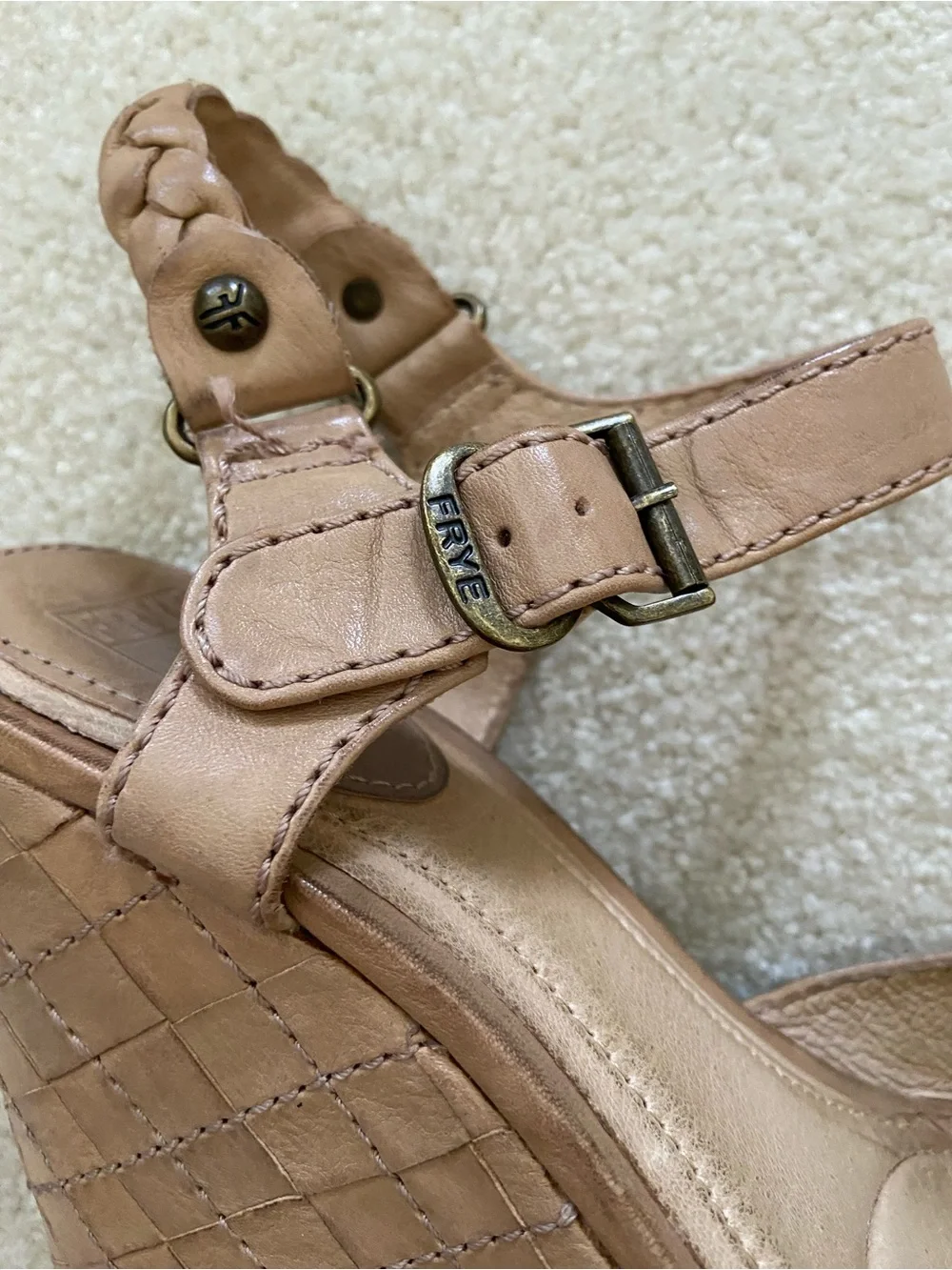 Frye Corrina Quilted Tan Leather Braided-Ankle Wedge Sandals size 8.5